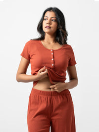 Jane - Short Sleeve Button Front Tee with Wide Leg Pant in Barn Red