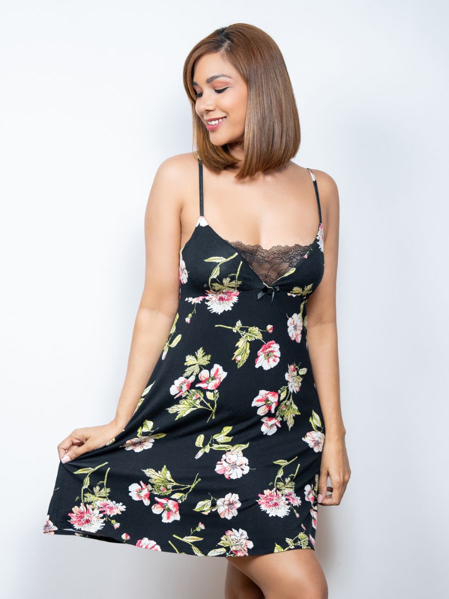 Nelly - Chemise Knit with Lace in Black Floral