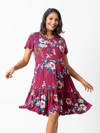 Susanna - Short Sleeve Tiered Maternity Sleep Shirt in Maroon Floral