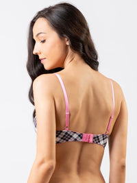 Julia - T Shirt Plunge Bra Demi Cup Cotton in Black Preppy Checks