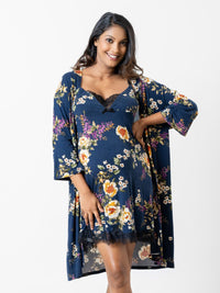 Anita - Nursing Chemise & Robe with Eye Mask Set in Navy Floral