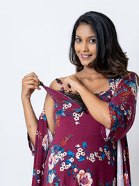 Anita - Nursing Chemise & Robe with Eye Mask Set in Maroon Floral