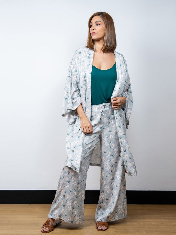 Dana - 3 Pc Cami with Long Pant & Kaftan Set in Misty Bloom & Marlin