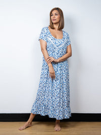 Dhalia - Short Sleeve Long Night Gown in Blue Bell Garden