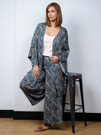 Dana - 3 Pc Cami with Long Pant & Kaftan Set in Indigo & Rose