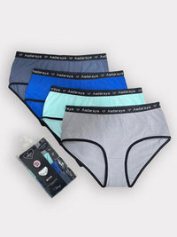 Dina AD Logo Full Brief 4 Pack in Vintage Indigo, Sky Blue, Angel Blue & Grey Oasis - all four briefs with Aadaraya logo waistband