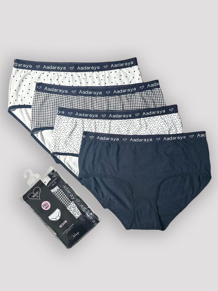 Dina AD Logo Full Brief 4 Pack in Black, Scattered Dot, Mini Check & White Polka - all four briefs with Aadaraya logo waistband