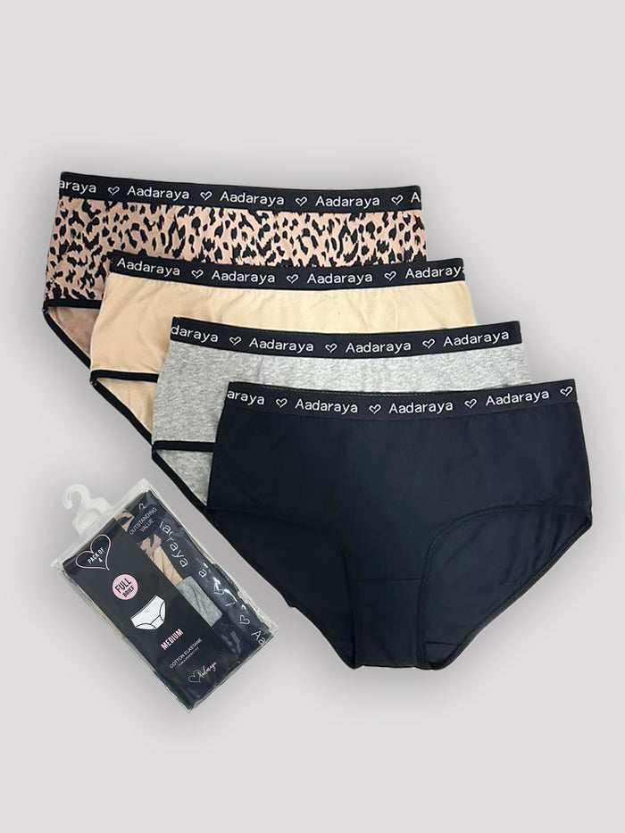 Dina AD Logo Full Brief 4 Pack in Black, Grey Marl, Nude & Leopard Multi - all four briefs with Aadaraya logo waistband