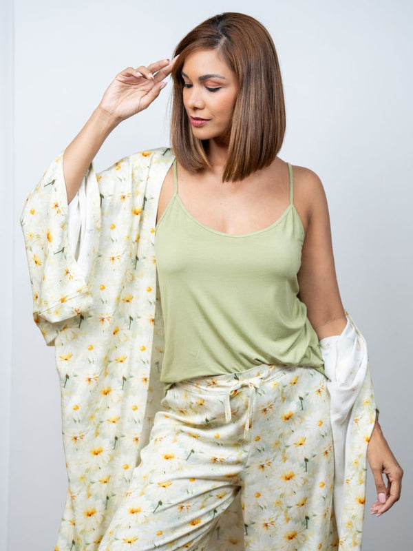 Dana - 3 Pc Cami with Long Pant & Kaftan Set in Ivory & Green