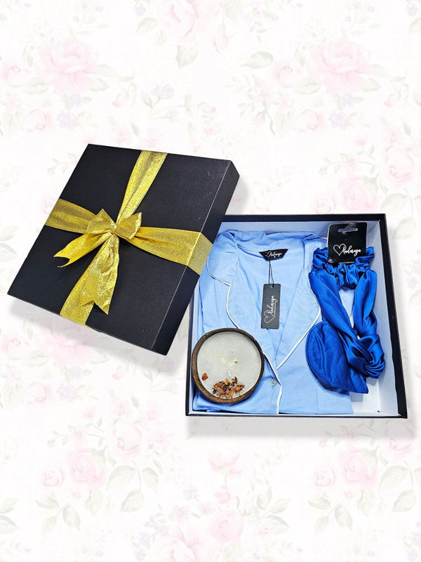 Serene Slumber - Gift Box with Classic Pajama, Accessories Set & Candles in Blue 1