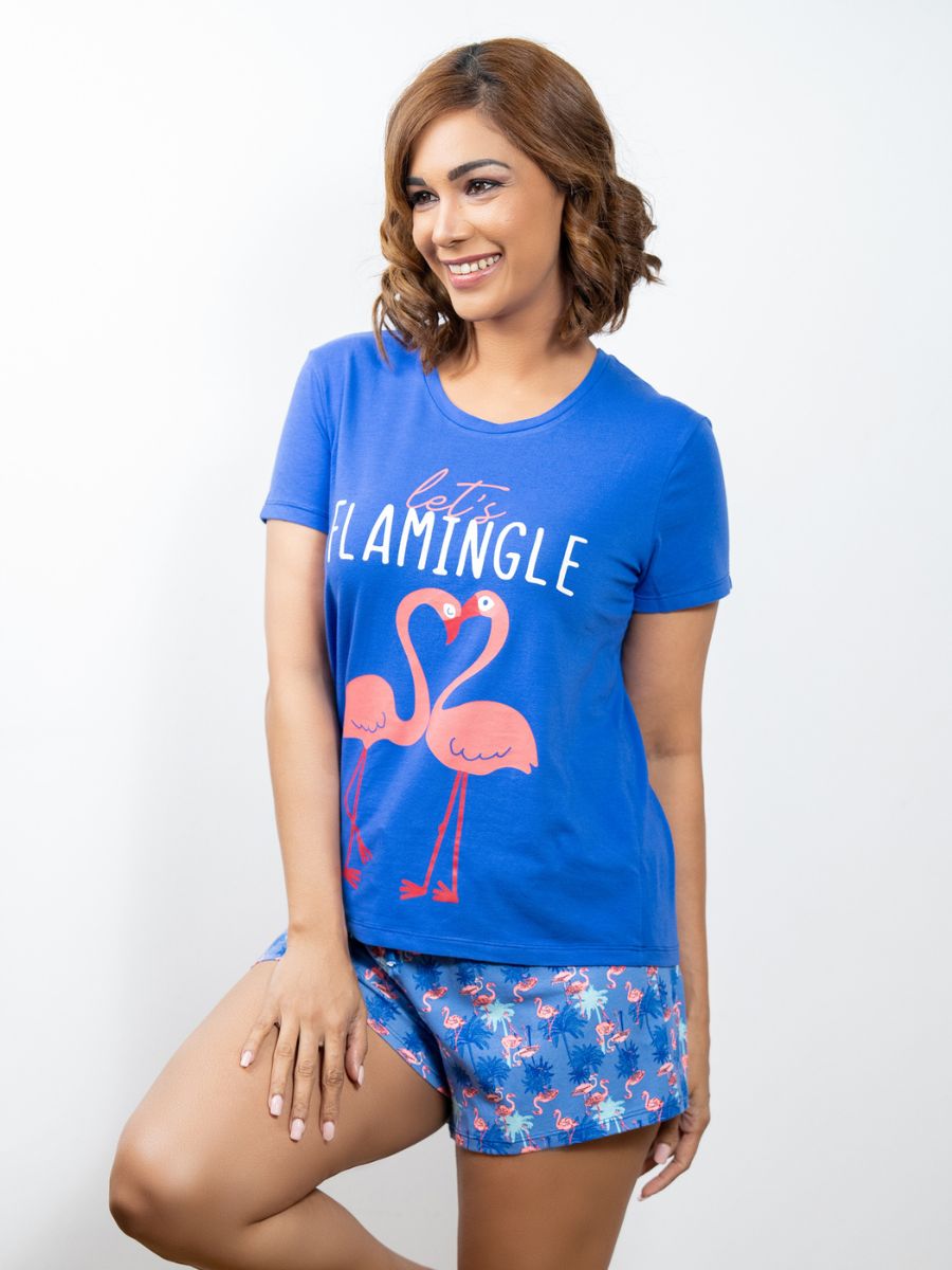 Alena - Graphic Crop Tee & Short in Mazarine Blue & Flemingo