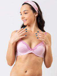 Julia - T Shirt Plunge Bra Demi Cup Cotton in Pink Marl