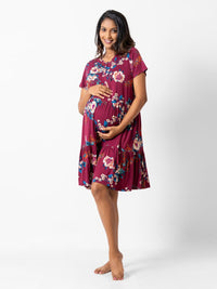 Susanna - Short Sleeve Tiered Maternity Sleep Shirt in Maroon Floral