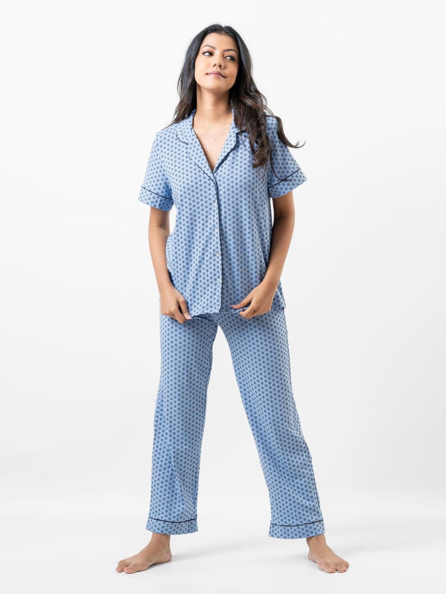 Lyla - Short Sleeve Classic LPJ Set with Eye Mask in Blue Geo