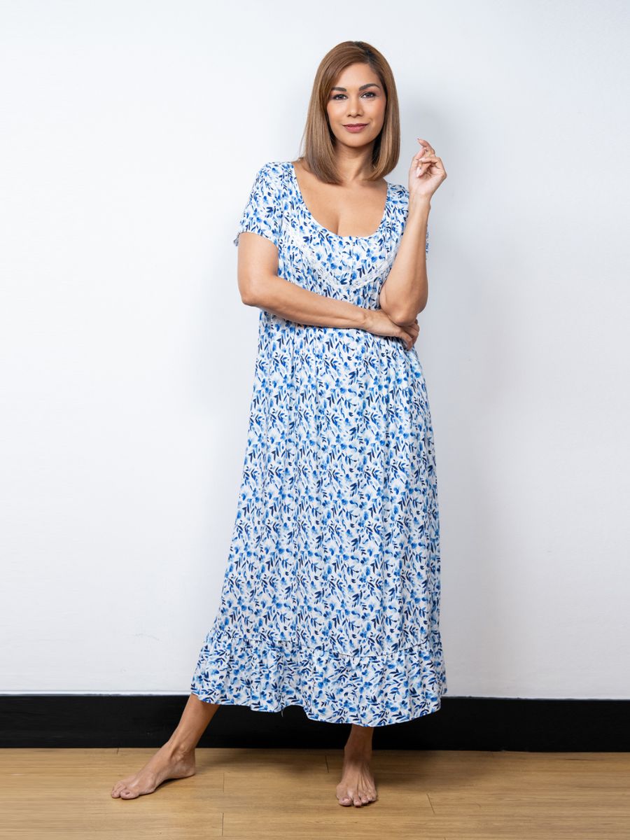 Dhalia - Short Sleeve Long Night Gown in Blue Bell Garden