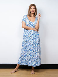 Dhalia - Short Sleeve Long Night Gown in Blue Bell Garden