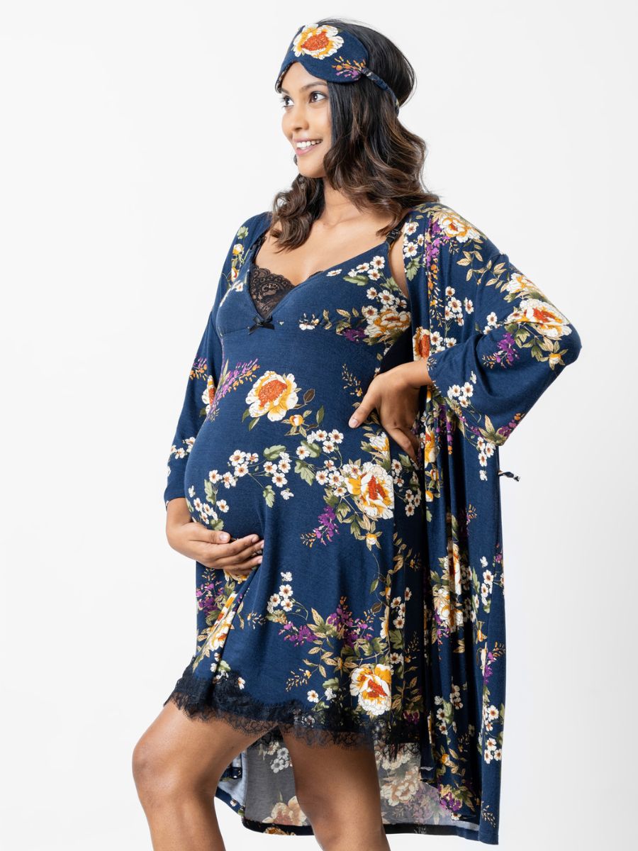 Anita - Nursing Chemise & Robe with Eye Mask Set in Navy Floral