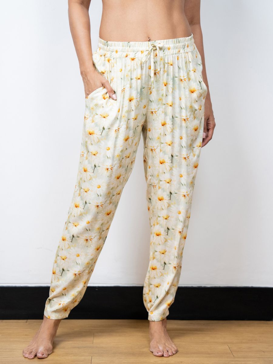 Vivian - Lounge Pants in Ivory Dahlia & Black - 2 Pack