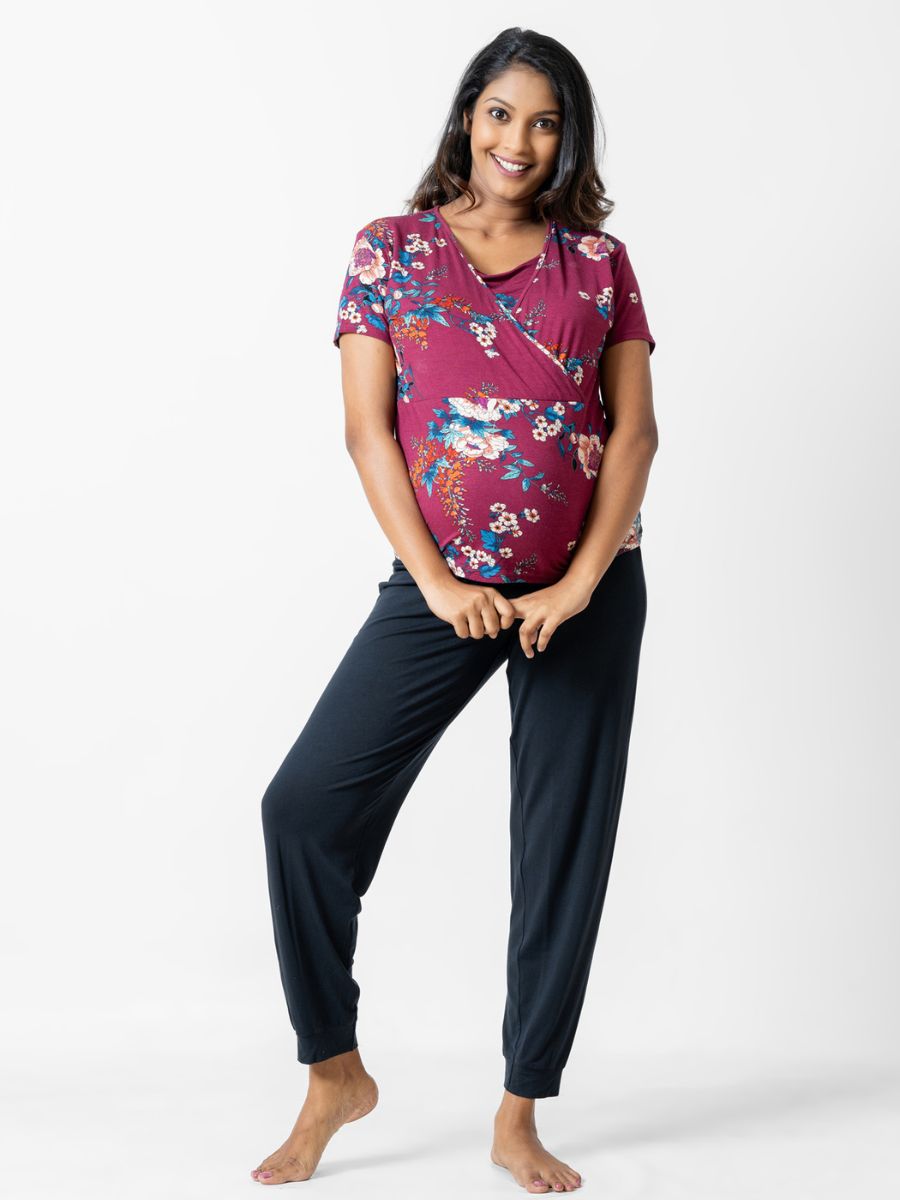 Sarah - Short Sleeve Tee & Over the Belly Pants in Maroon Floral