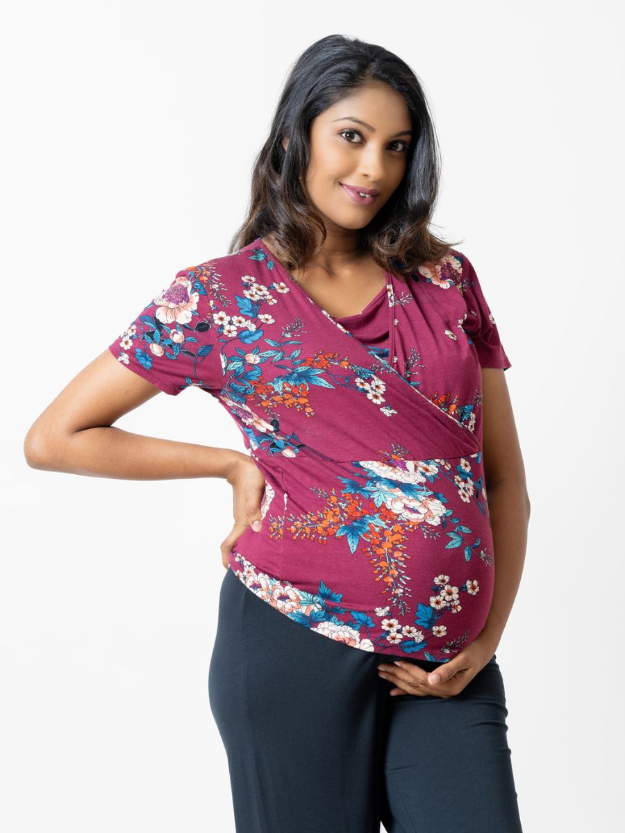 Sarah - Short Sleeve Tee & Over the Belly Pants in Maroon Floral