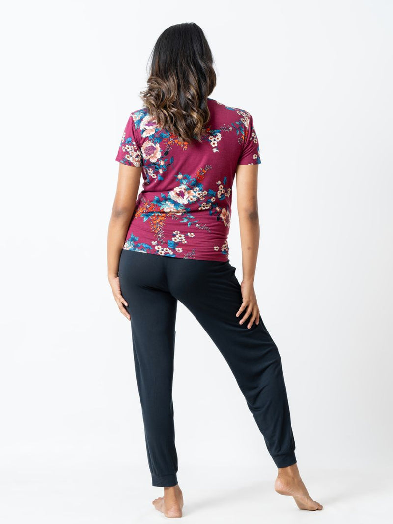 Sarah - Short Sleeve Tee & Over the Belly Pants in Maroon Floral