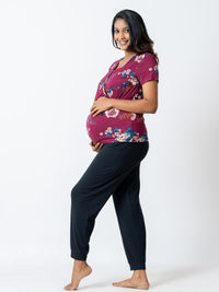 Sarah - Short Sleeve Tee & Over the Belly Pants in Maroon Floral