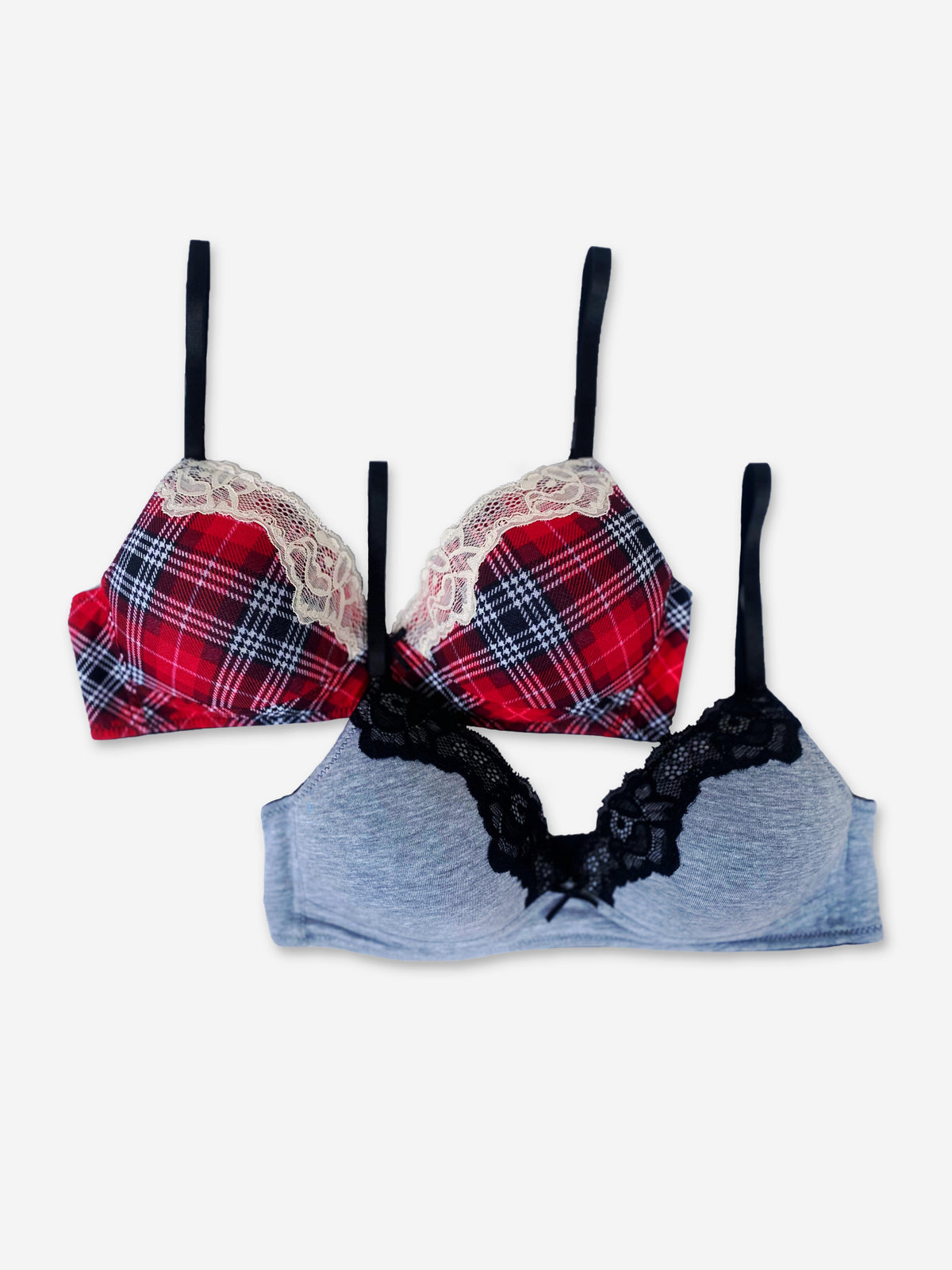 Ginger - 2 Pack - Triangle Padded Non Wired Bra in Red Plaid & Grey Marl Combo