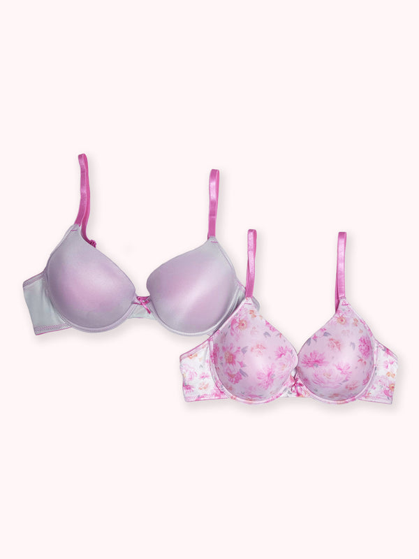 Monica - Wired & Padded Plunge Bra - 2PK in Pink Peony & Pale Aqua