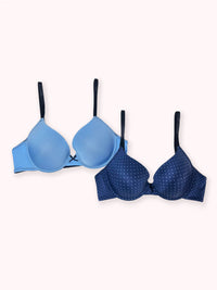 Monica - Wired & Padded Plunge Bra - 2PK in Navy Polka & Airy Blue