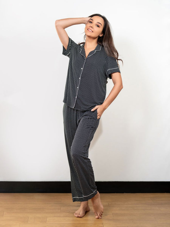 Adalyn - S/S Classis LPJ Set in Black & White Ditsy Polka 1