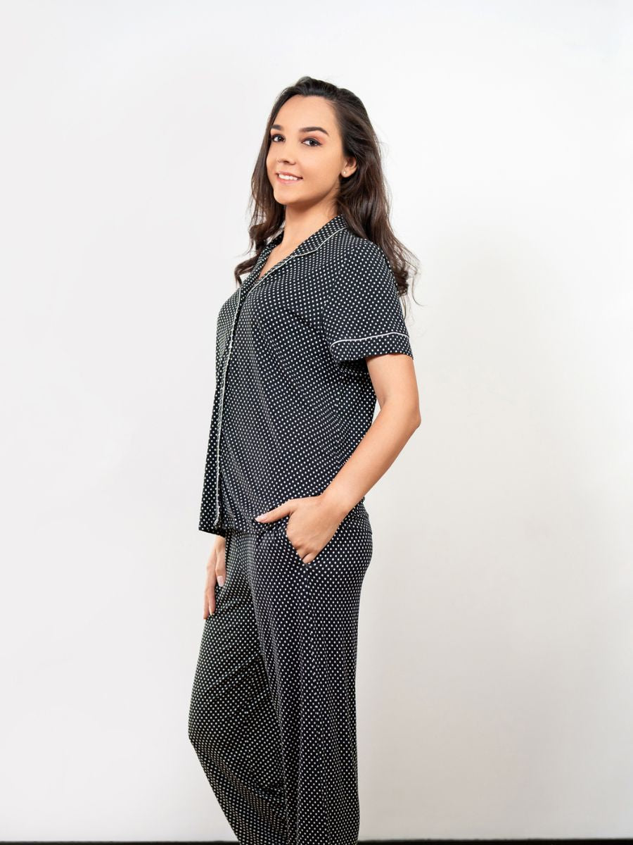 Adalyn - S/S Classis LPJ Set in Black & White Ditsy Polka 3