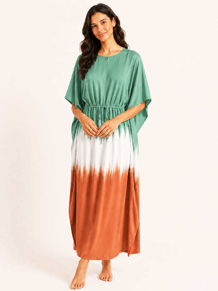 Aditi - Long Kaftan Dress in Green & Orange Tie Dye