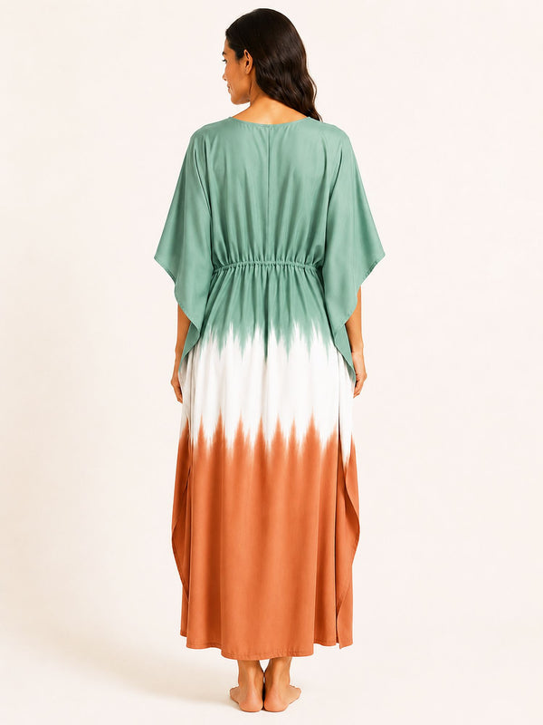 Aditi - Long Kaftan Dress in Green & Orange Tie Dye