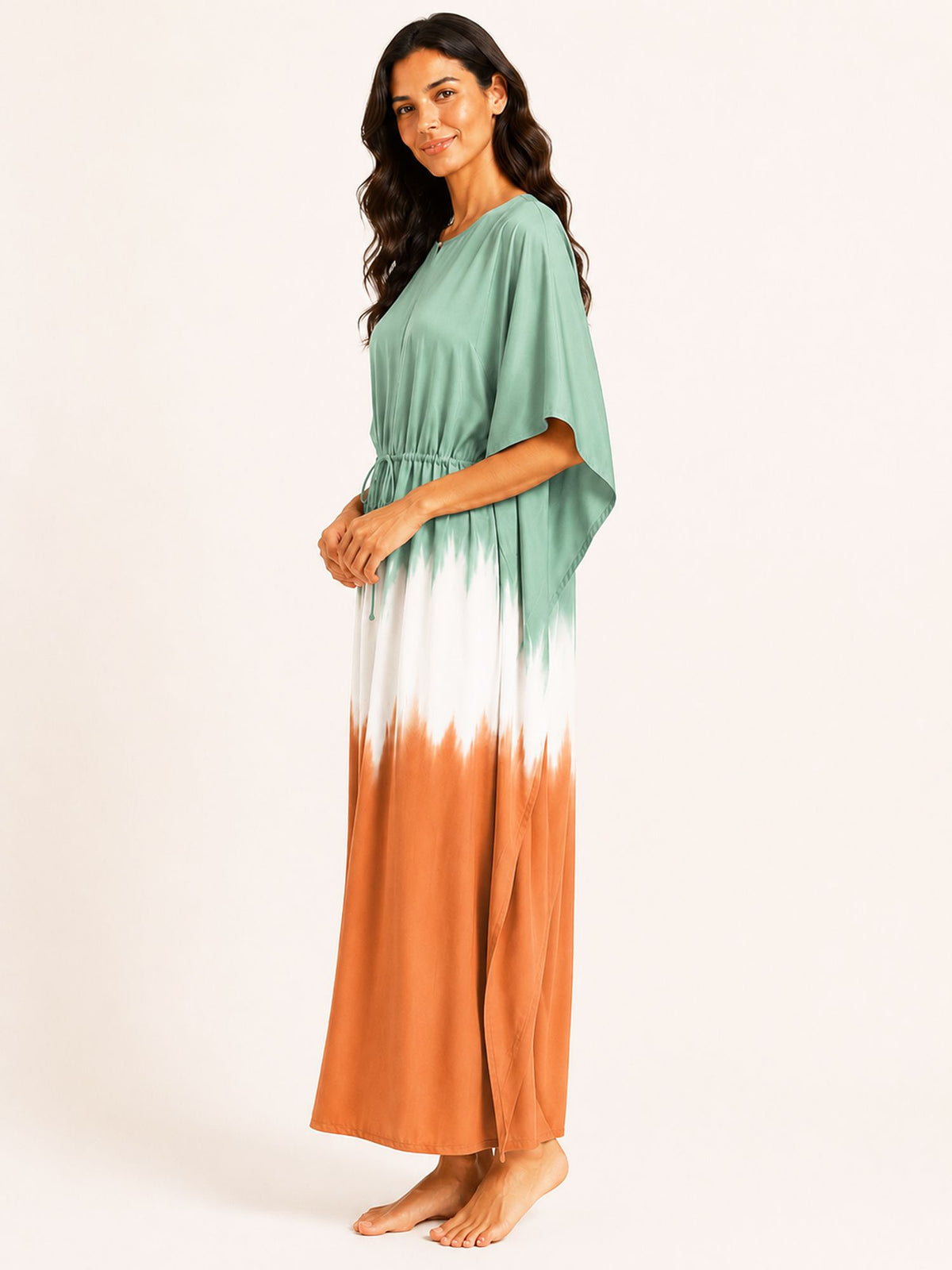 Aditi - Long Kaftan Dress in Green & Orange Tie Dye