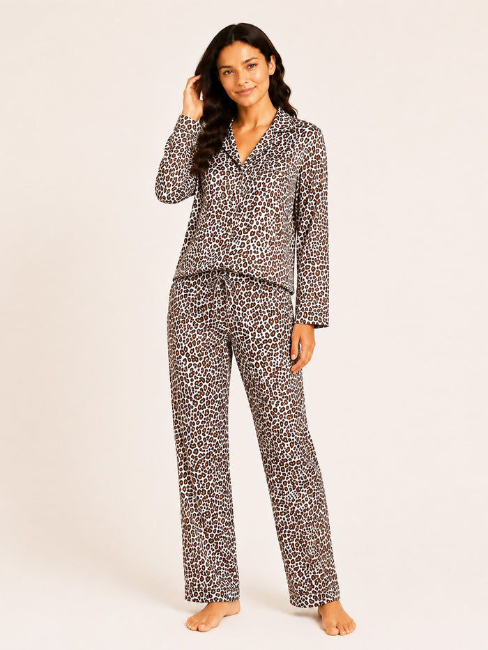 Akira - Satin Long Pyjama Set in Beige Leopard Multi