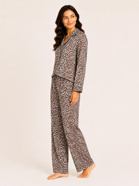 Akira - Satin Long Pyjama Set in Beige Leopard Multi