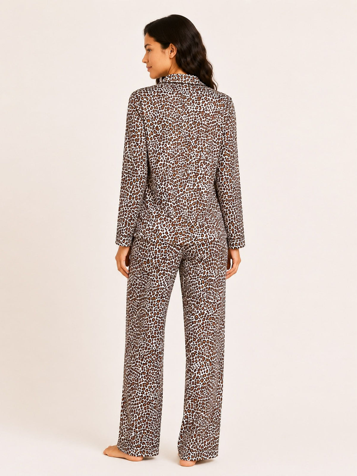 Akira - Satin Long Pyjama Set in Beige Leopard Multi
