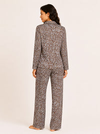 Akira - Satin Long Pyjama Set in Beige Leopard Multi