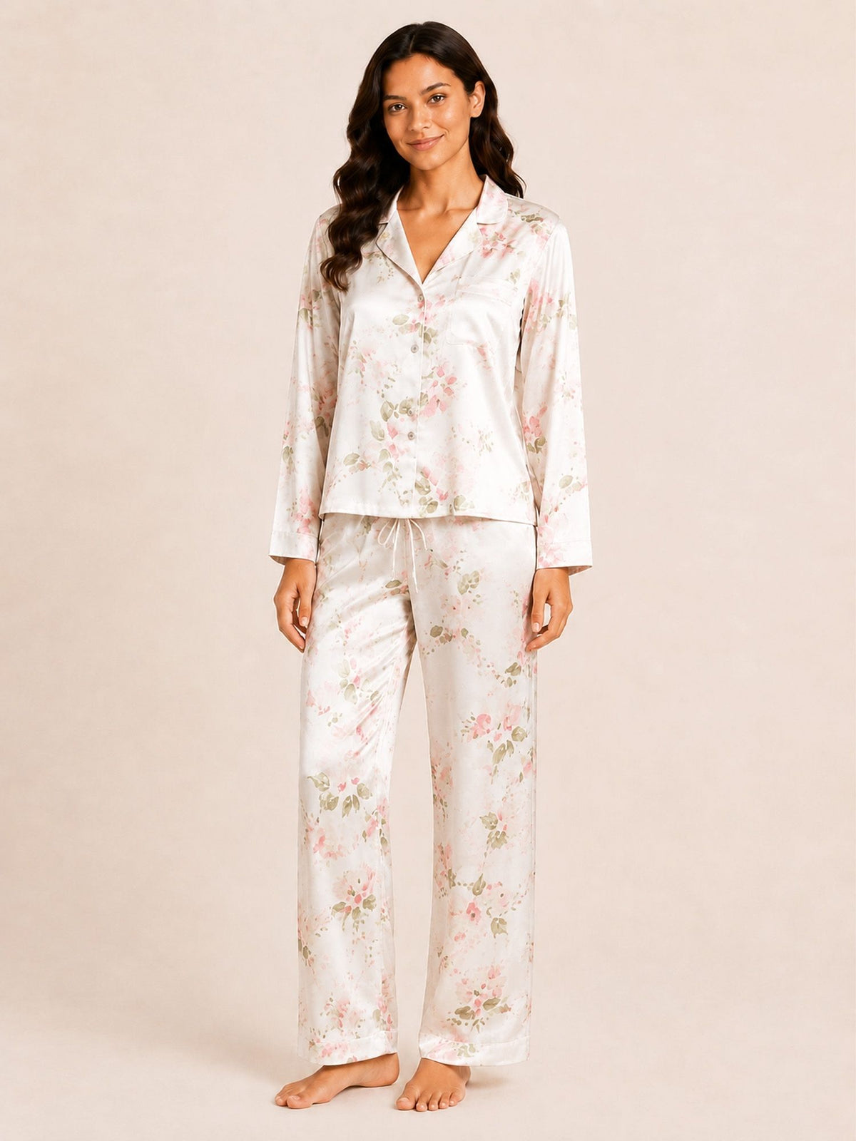 Akira - Satin Long Pyjama Set in Floral Multi