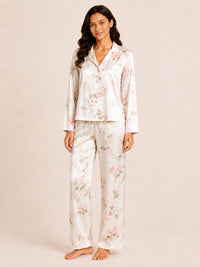Akira - Satin Long Pyjama Set in Floral Multi