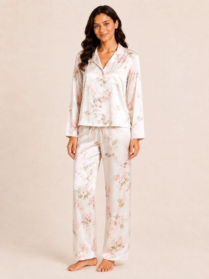 Akira - Satin Long Pyjama Set in Floral Multi