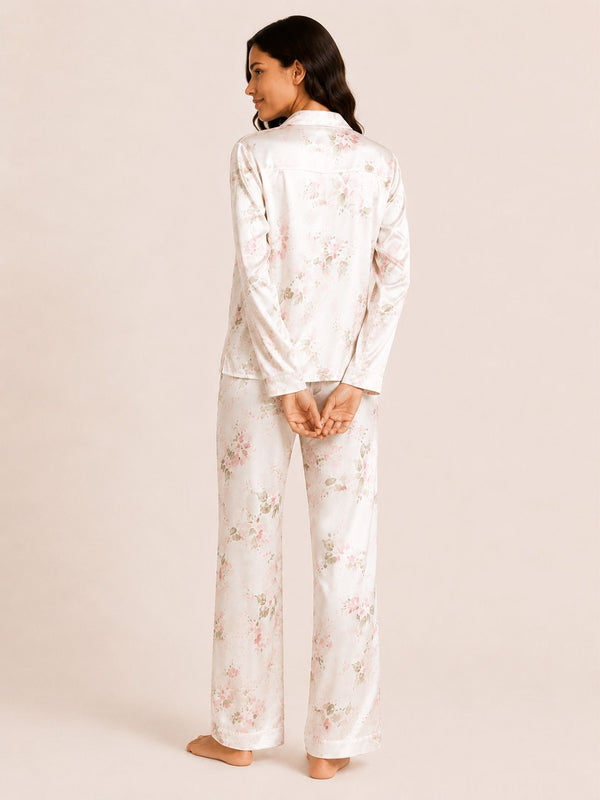 Akira - Satin Long Pyjama Set in Floral Multi