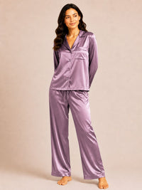 Akira - Satin Long Pyjama Set in Grape Nectar