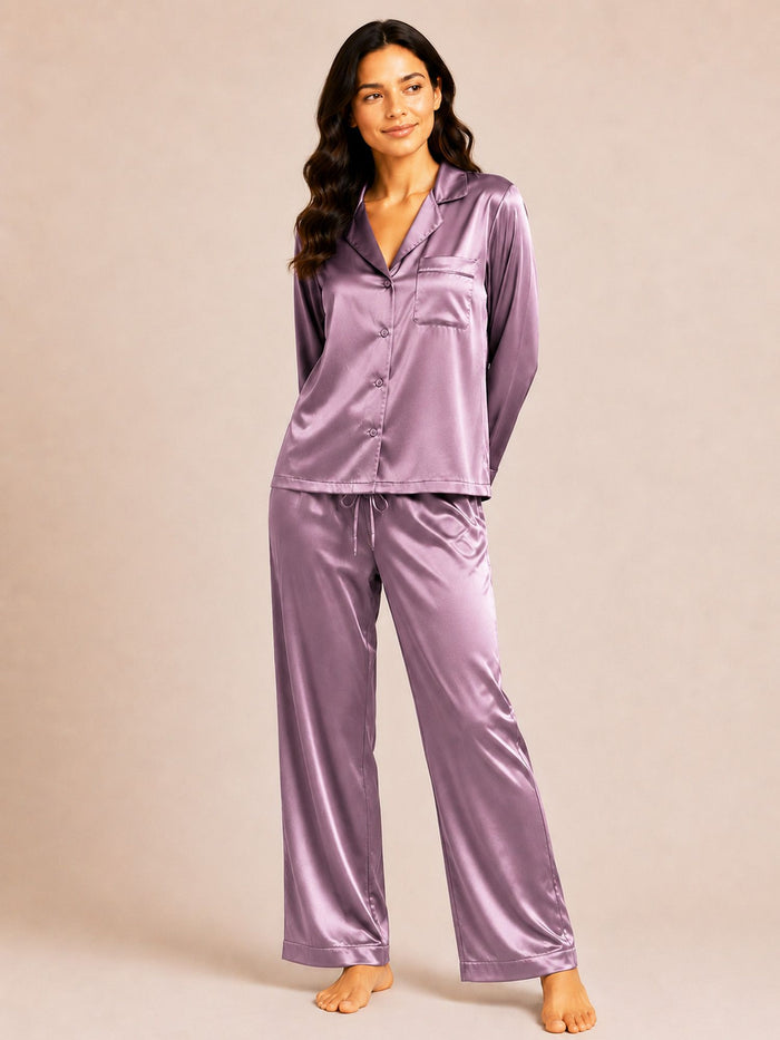 Akira - Satin Long Pyjama Set in Grape Nectar