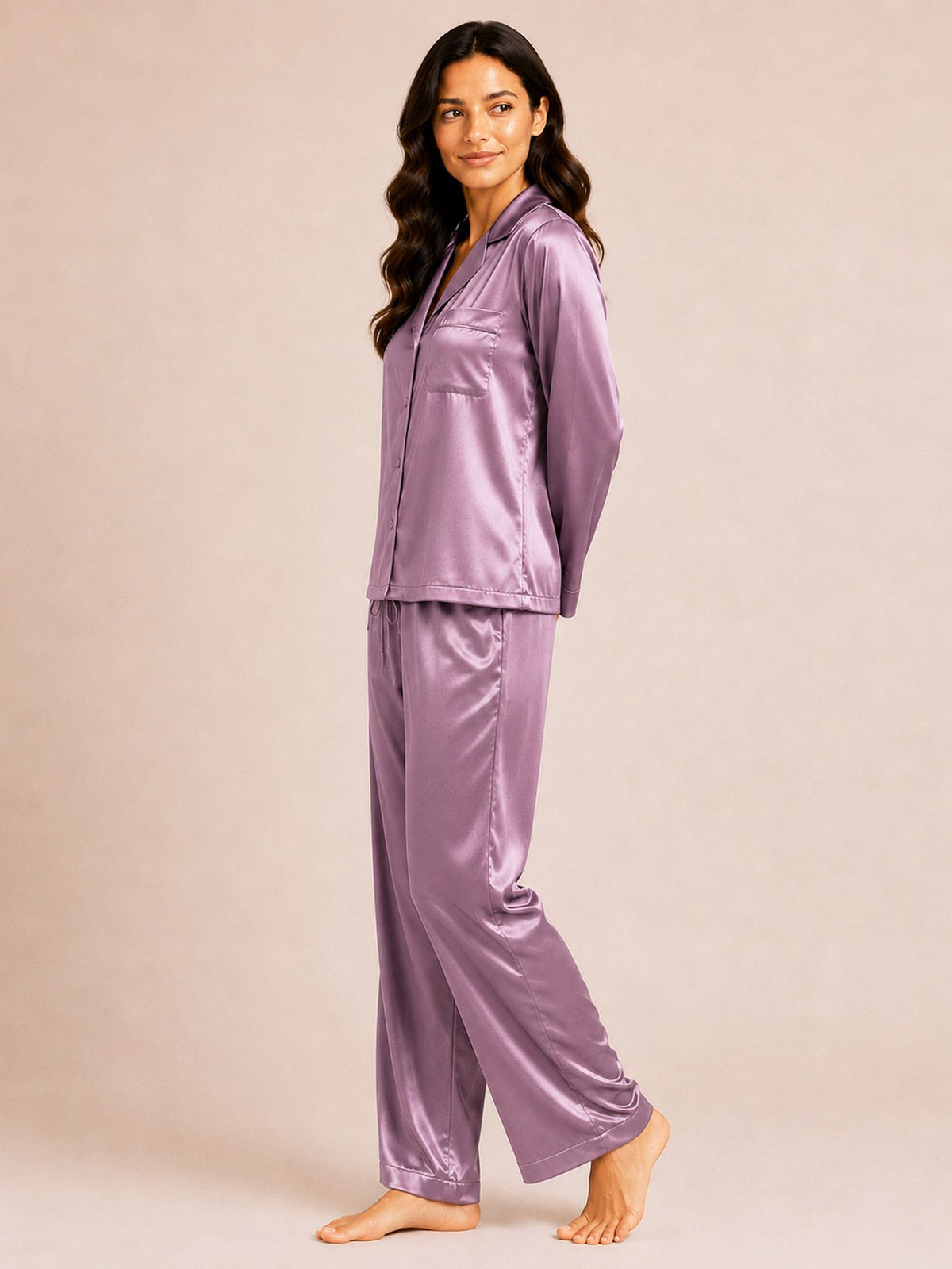 Akira - Satin Long Pyjama Set in Grape Nectar