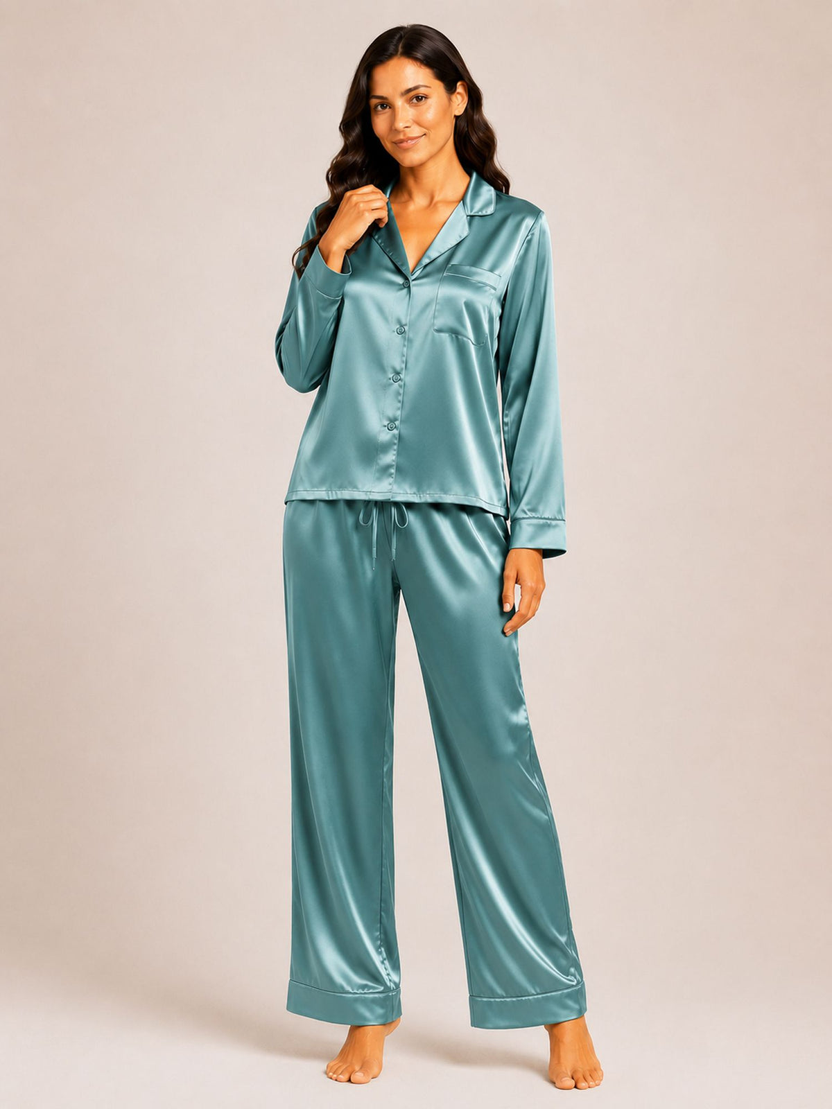 Akira - Satin Long Pyjama Set in Mila Blue
