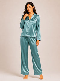 Akira - Satin Long Pyjama Set in Mila Blue