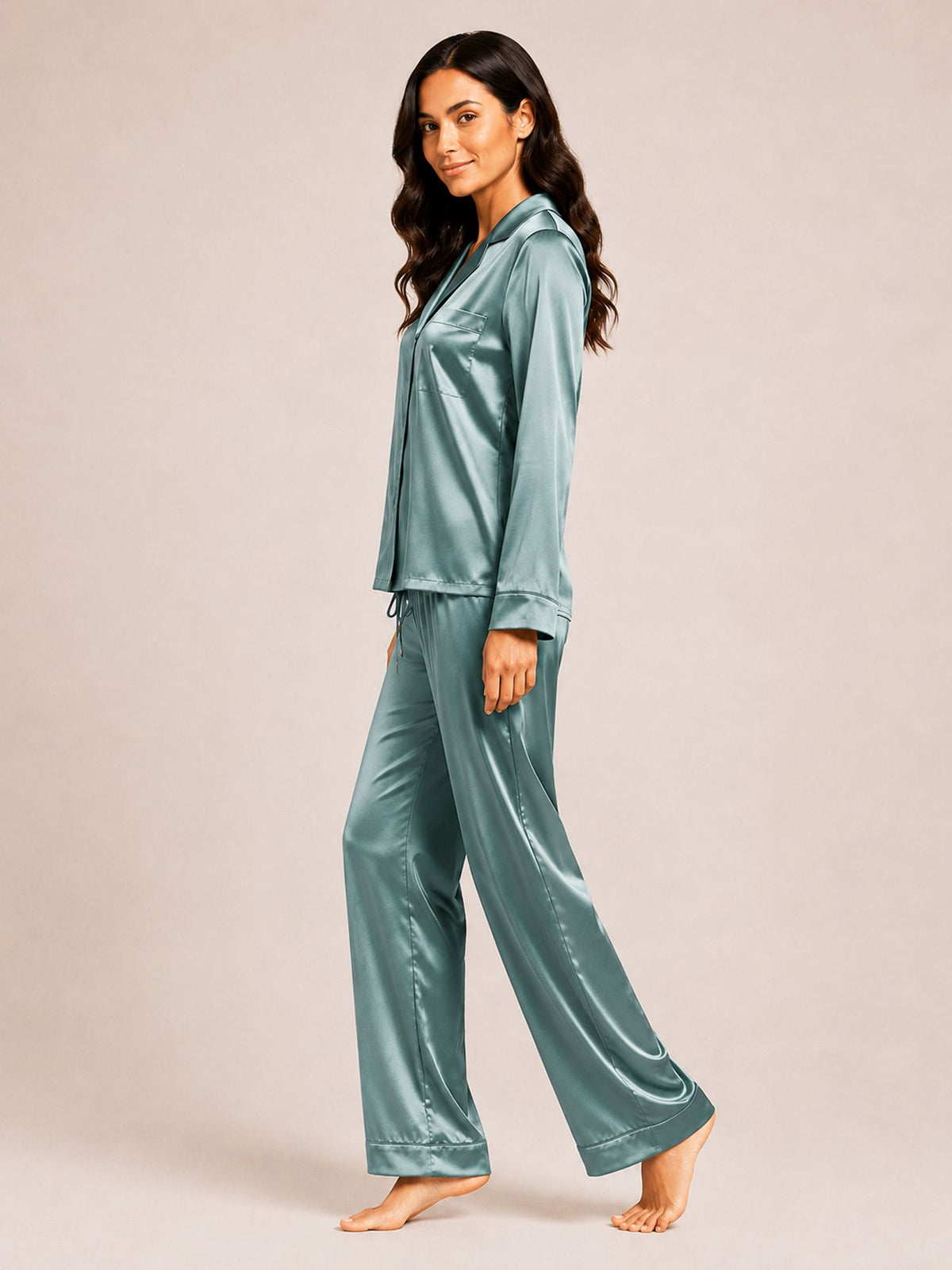 Akira - Satin Long Pyjama Set in Mila Blue