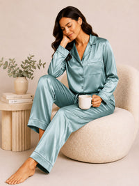 Akira - Satin Long Pyjama Set in Mila Blue