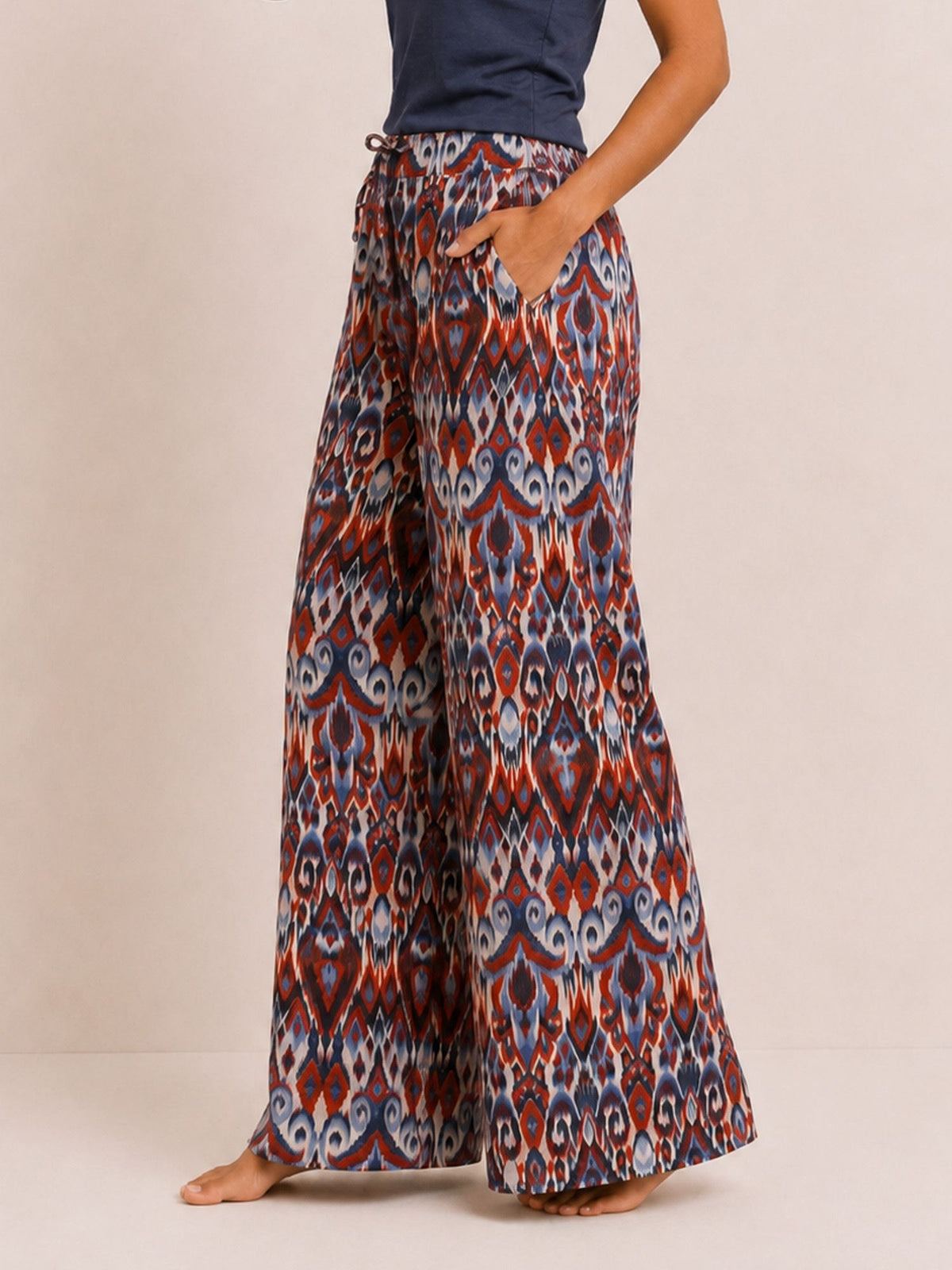 Amara - Wide Leg Lounge Pant in Red & Blue Multi